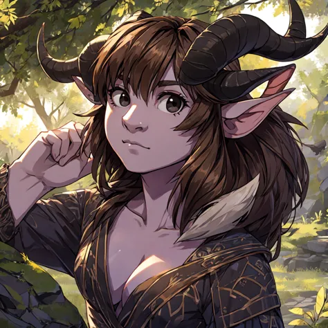 satyr, female, purple skin, black fur, brown hair, black eyes, straight horns,