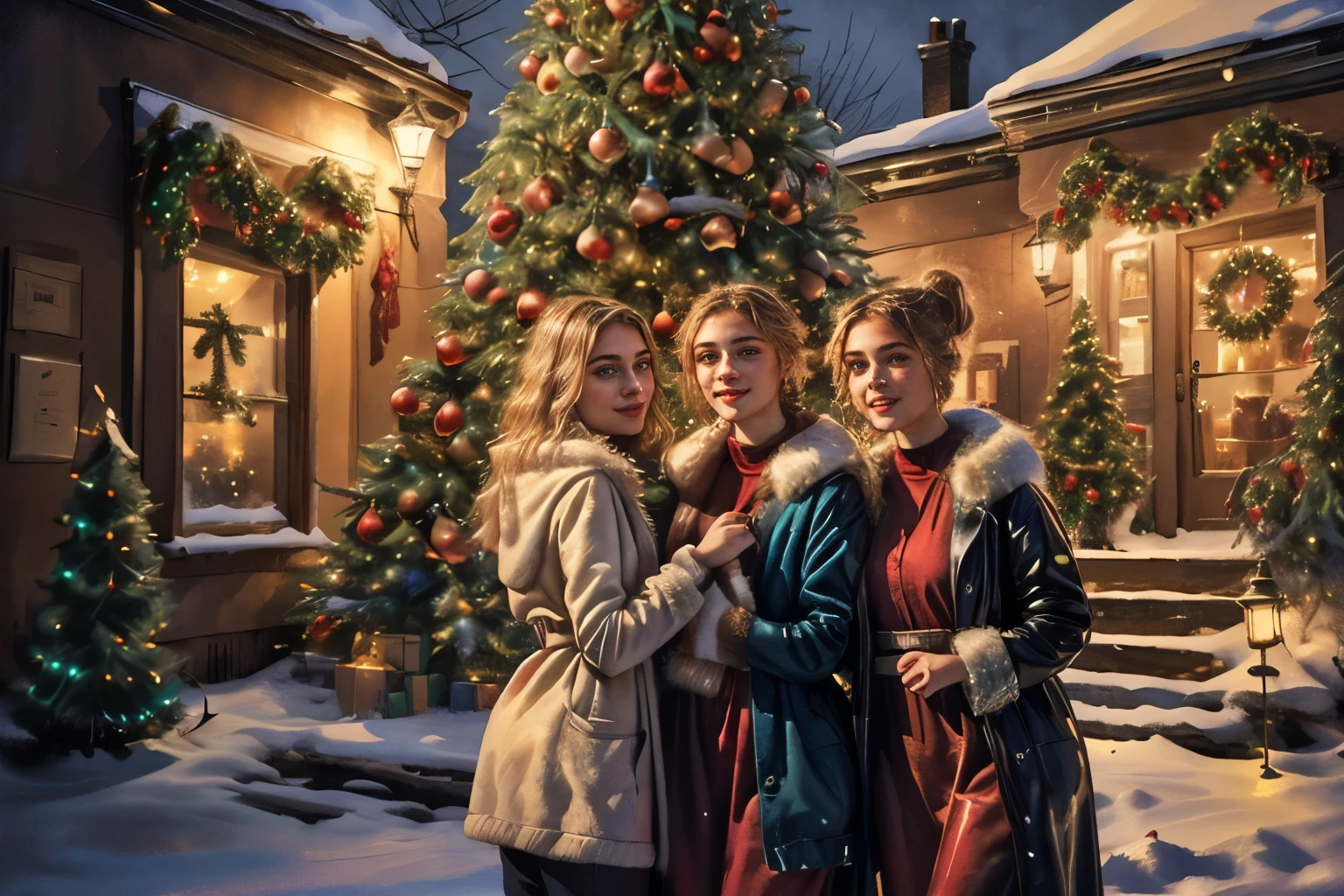 three women stand next to each other in front of a Christmas tree, painting by Emma Andievska, Tumblr, Happens, beautiful girls, christmas night, not размытый, at the party, New Year's Eve, photo taken in 2 0 2 0, night!, detailed, atmospheric lighting 