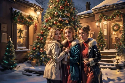 three women stand next to each other in front of a christmas tree, painting by emma andievska, tumblr, happens, beautiful girls,...