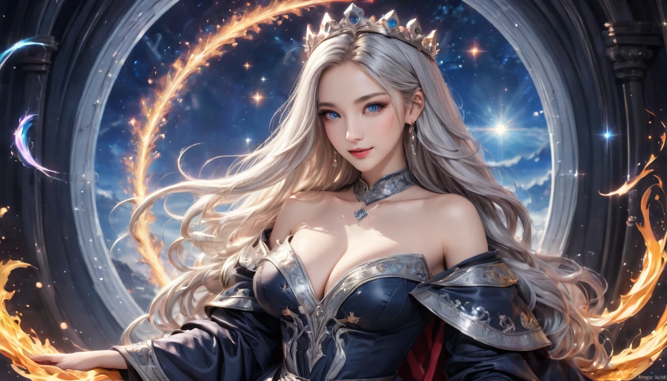 8K resolution, masterpiece, Highest quality, Award-winning works, unrealistic, From above, erotic, sole sexy lady, healthy shaped body, 22 years old, black mage, 165cm tall, huge firm bouncing busts,, white silver long wavy hair, Detailed facial depictions, Mysterious blue eyes, Standard nose, Eyeliner, pink lips, sexy long legs, big breast, Clear skin, lying in the bed, holy knight, Gothic ruffle long dress, A dress with a complex structure, Seven-colored colorful dress, Clothed in flames, royal coat of arms, elegant, Very detailed, Delicate depiction of hair, miniature painting, Digital Painting, artstation concept art, Smooth, Sharp focus, shape, Unreal, surreal, Dynamic Lighting, Fantasy art, Complex colors, Colorful magic circle, flash, dynamic sexy poses, A kind smile, Mysterious Background, Aura, A gentle gaze,  Small faint lights and flying fireflies, night, lanthanum, From above, looking down on the world below, Starry Sky, milky way, nebula, shooting star