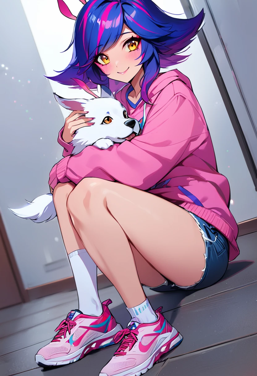 masterpiece, high quality, neeko, sitting on the floor, smiling, hugging a puppy, wearing pink sweatshirt, jean shorts, long white socks