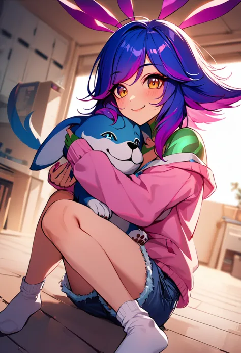 masterpiece, high quality, neeko, sitting on the floor, smiling, hugging a puppy, wearing pink sweatshirt, jean shorts, long whi...