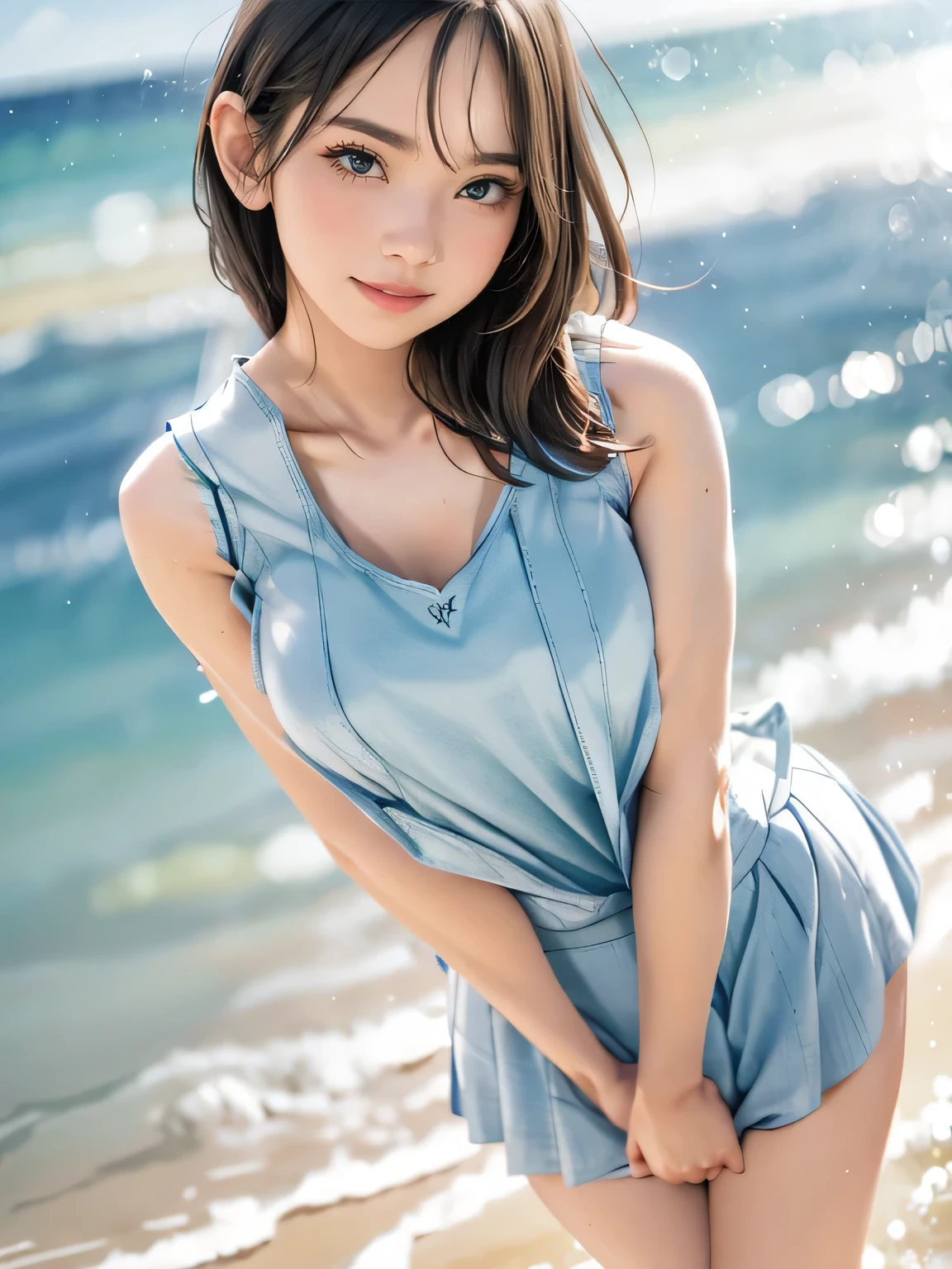 1girl, woman, girl in summer clothes, beautiful, medium breasts, flirtatious look, high res, ((tanktop jersey:1.78)), (1girl eyes looking at viewer:1.55), camisole, Plain costumes, Simple Background, Emphasis on the chest, White outfit, whole body, cute face, beautiful face, nipple, light smile, (skirt lift:1.2), skirt lift pov, shirt lift up, bra lift up, constricted waist, shirt_lift, blush, shy, panties, underwear, lifting shirt, underboobs, 25 years old woman, photorealistic, (bokeh), photorealistic, depth of field, best quality, anatomically correct, super detail, textured skin, UHD, 8k