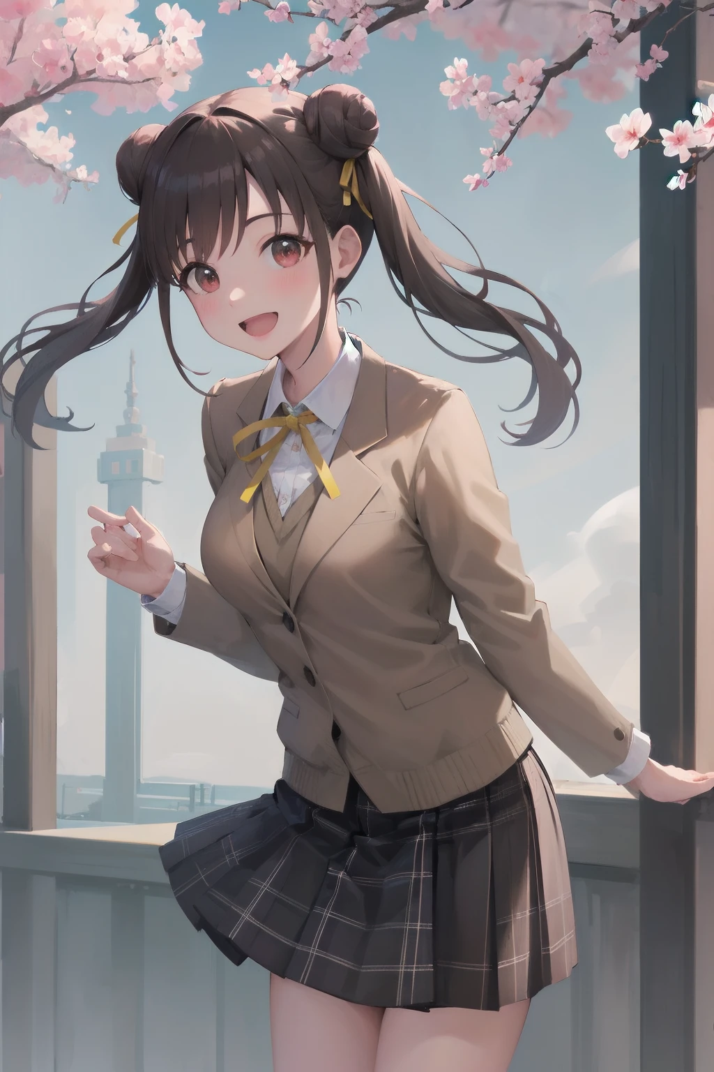 masterpiece, best quality, highres, aachiyoko, double bun, twintails, neck ribbon, yellow ribbon, collared shirt, sweater vest, blazer, black jacket, open clothes, long sleeves, plaid skirt, brown skirt, outdoor, cherry blossoms, smile, leaning forward, standing, cowboy shot, open mouth, arms behind back,
