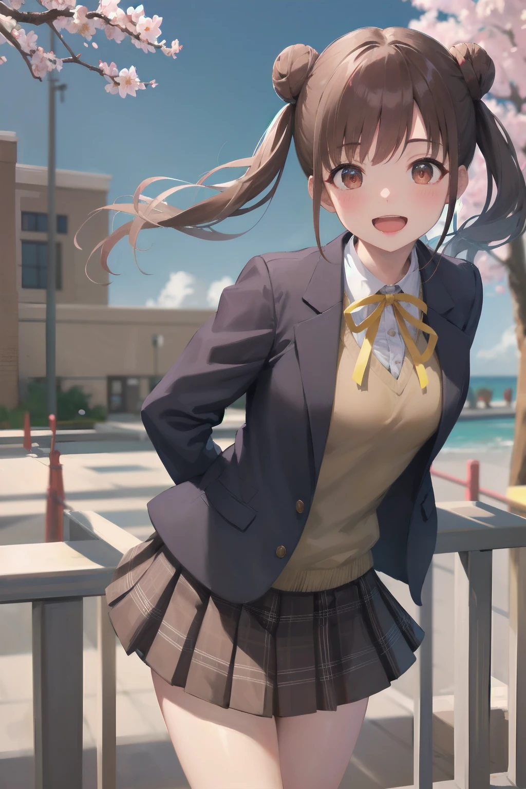 masterpiece, best quality, highres, aachiyoko, double bun, twintails, neck ribbon, yellow ribbon, collared shirt, sweater vest, blazer, black jacket, open clothes, long sleeves, plaid skirt, brown skirt, outdoor, cherry blossoms, smile, leaning forward, standing, cowboy shot, open mouth, arms behind back,
