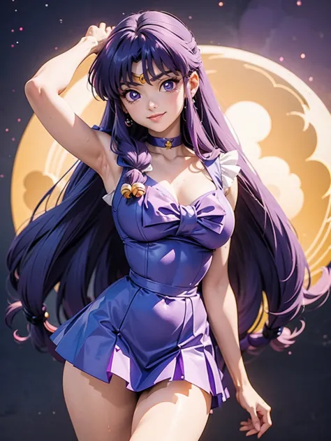 Anime girl smiling long purple hair, wearing sexy sailor senshi uniform purple dress, 16 yrs old, hands in hair, WITH YOUR HANDS...