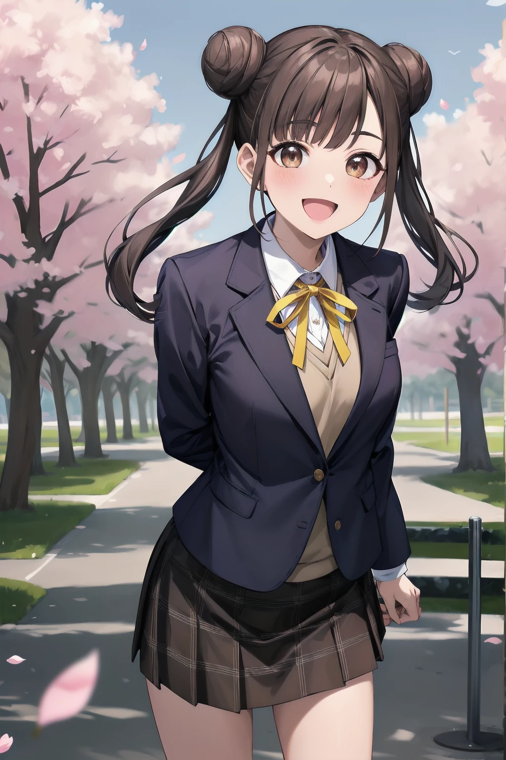 masterpiece, best quality, highres, aachiyoko, double bun, twintails, neck ribbon, yellow ribbon, collared shirt, sweater vest, blazer, black jacket, open clothes, long sleeves, plaid skirt, brown skirt, outdoor, cherry blossoms, smile, leaning forward, standing, cowboy shot, open mouth, arms behind back,