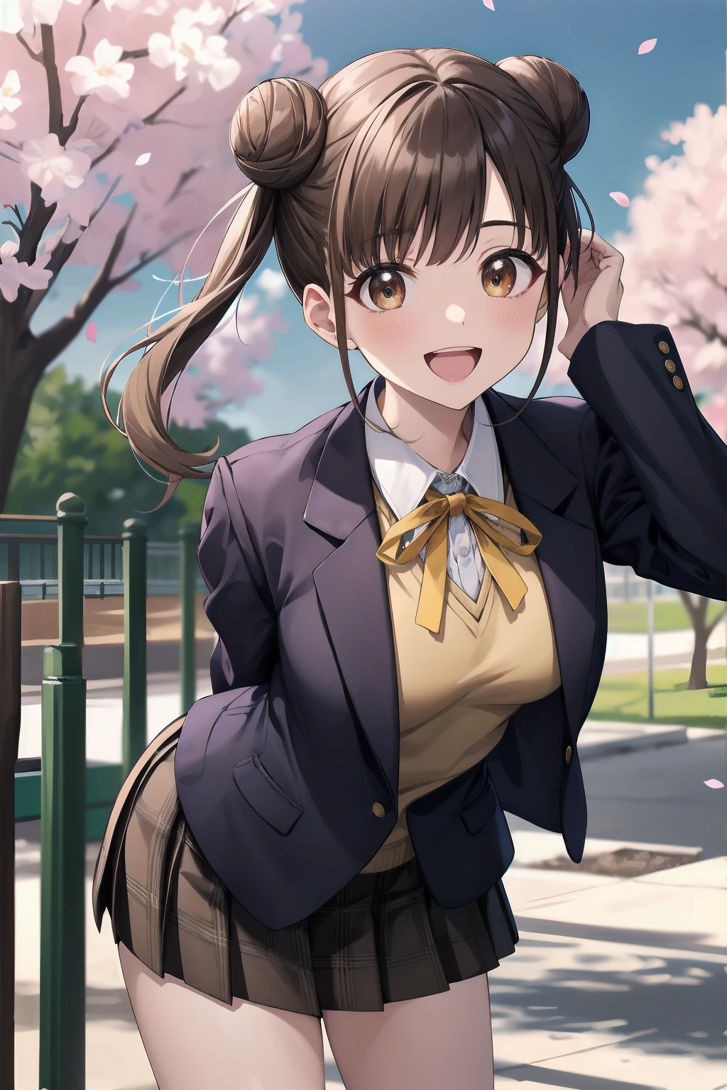 masterpiece, best quality, highres, aachiyoko, double bun, twintails, neck ribbon, yellow ribbon, collared shirt, sweater vest, blazer, black jacket, open clothes, long sleeves, plaid skirt, brown skirt, outdoor, cherry blossoms, smile, leaning forward, standing, cowboy shot, open mouth, arms behind back,