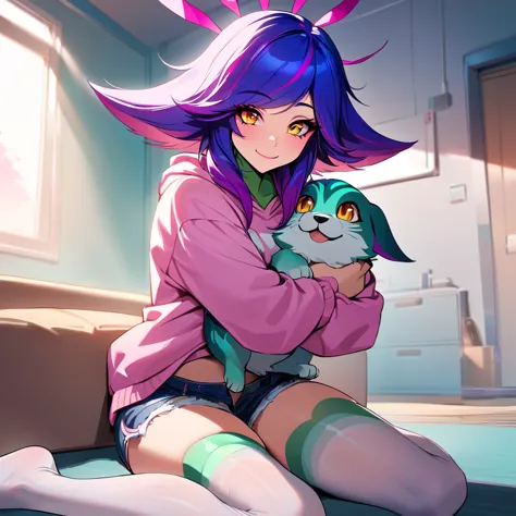 masterpiece, high quality, anime, neeko, sitting on the floor, smiling, hugging a puppy, wearing pink sweatshirt, jean shorts, l...