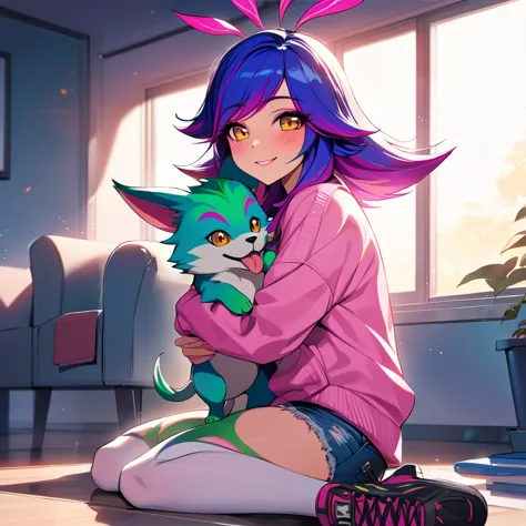 masterpiece, high quality, anime, neeko, sitting on the floor, smiling, hugging a puppy, wearing pink sweatshirt, jean shorts, l...