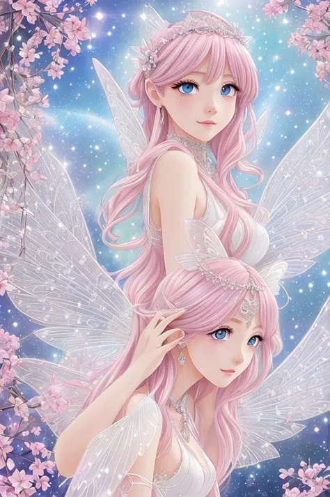 A pink haired angel，Big deep blue eyes，Like the stars，Long eyelashes，Wearing a white dress，Exquisite makeup，Moe expression，A pai...