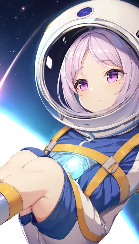 Pre-Girl, Floating in space, Wearing a space suit, Science, Huge space city, The lighting is gorgeous, The helmet has a light, B...