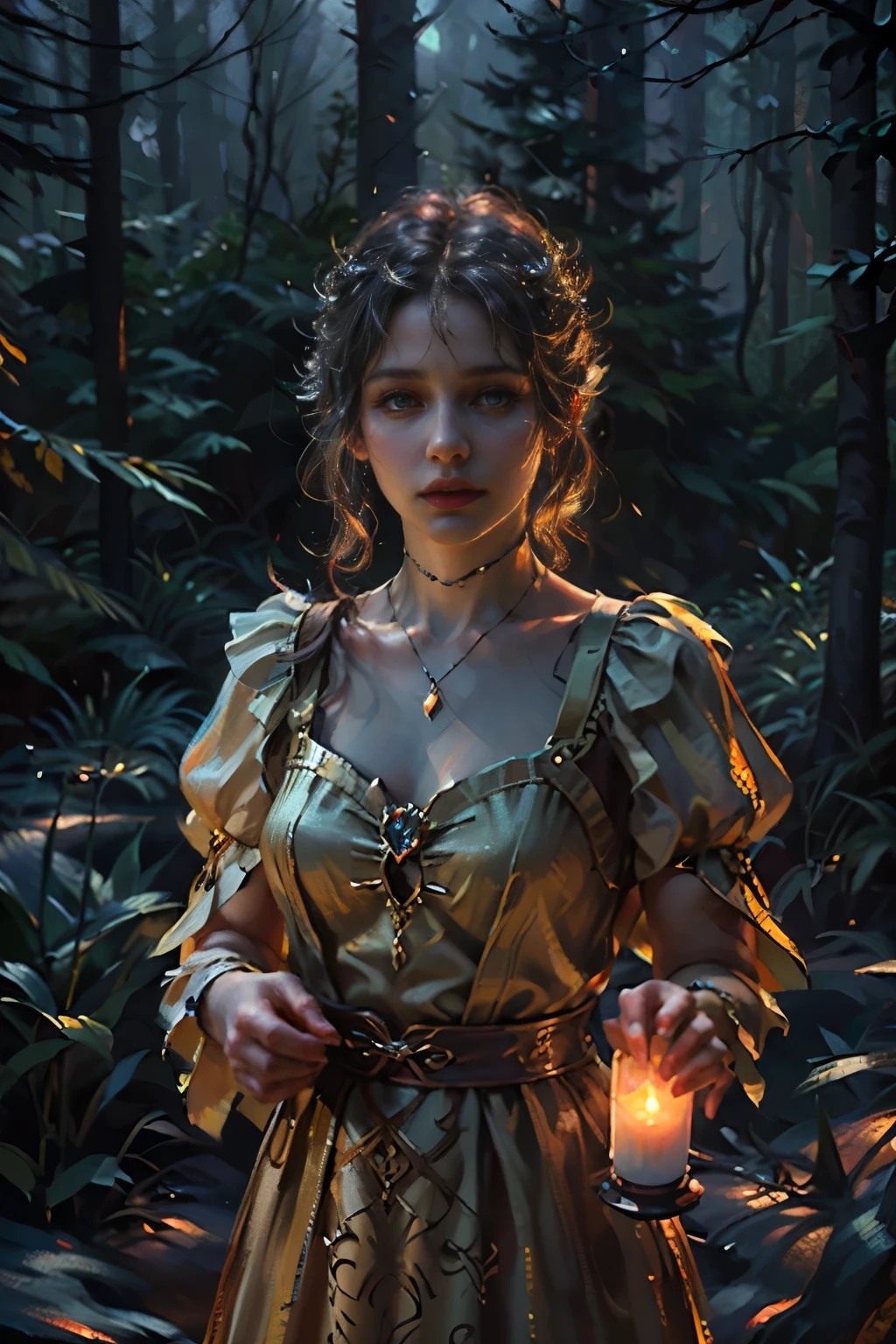 A girl in a forest with a lantern, beautiful detailed eyes, beautiful detailed lips, extremely detailed eyes and face, long eyelashes, fantasy forest, dark forest, dramatic lighting, moody atmosphere, pagan ritual, fire magic, glowing fire, fairy priestess, nature goddess, goddess of the forest, forest spirit, druid goddess, dryad, (best quality,4k,8k,highres,masterpiece:1.2),ultra-detailed,(realistic,photorealistic,photo-realistic:1.37),cinematic lighting,dramatic shadows,vibrant colors,volumetric lighting,intricate details,lush foliage,twisted tree branches,mystical atmosphere,fantasy art,digital painting