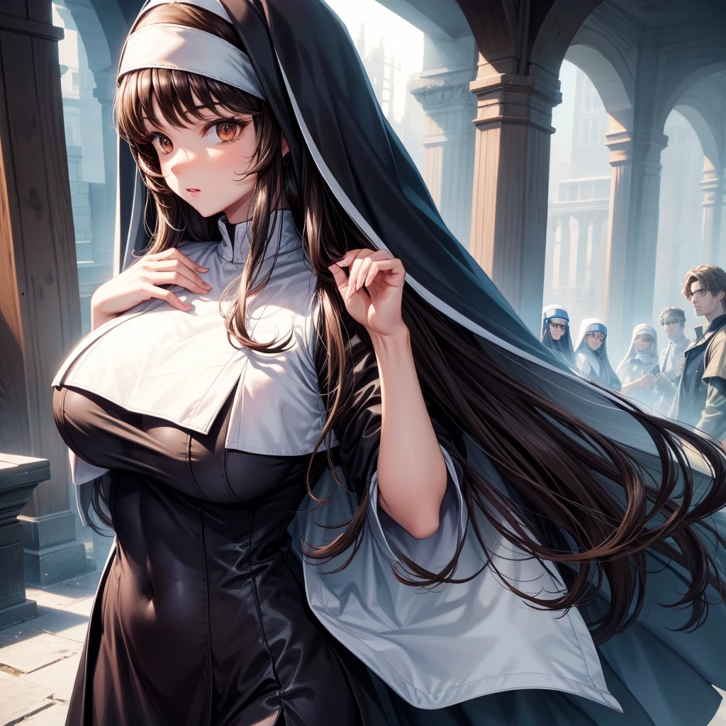 long dark hair / big tits / brown eye /  nun outfit 