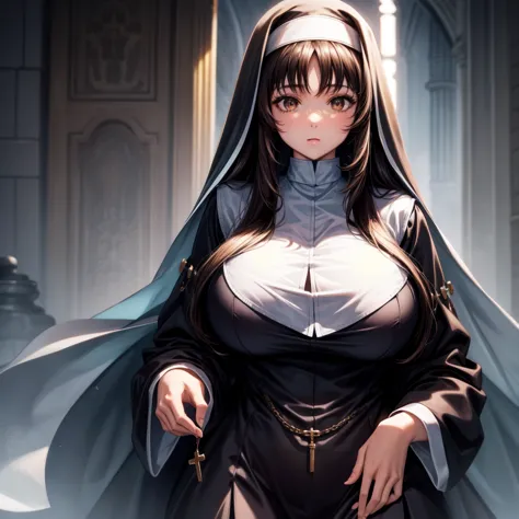 long dark hair / big tits / brown eye /  nun outfit 