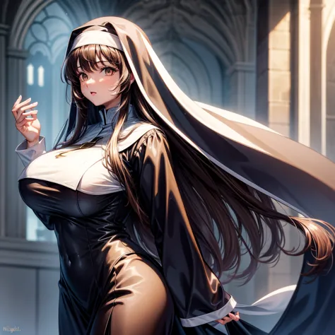 long dark hair / big tits / brown eye /  nun outfit 