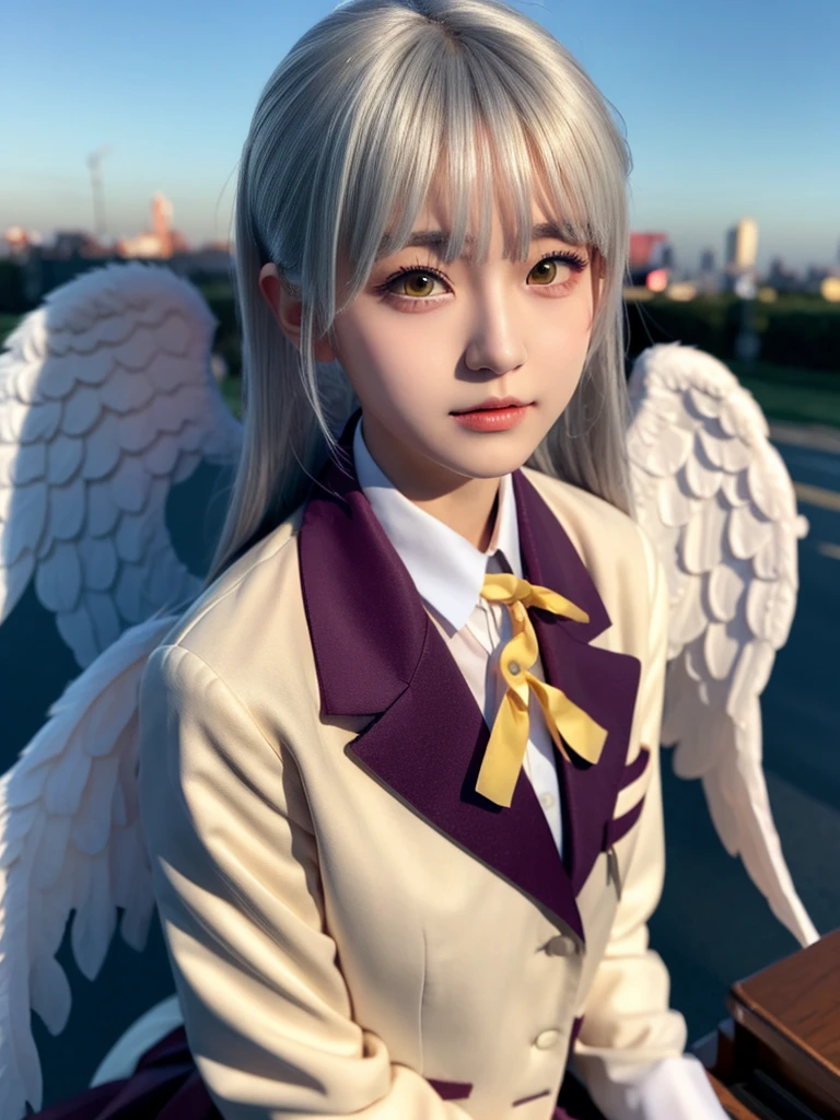 (Highest quality、4K、8K, masterpiece:1.3), Ultra detailed face, Detailed lips, Detailed eyes, double eyelid, BREAK, 
(extreme close up:1.5), 
BREAK,
1girl, 18 years old, short height, tachibana kanade, (yellow eyes), (white hair, long hair), bangs, hair pulled back, short height, 
BREAK, 
looking at viewer, ((playing piano)), photo background, photo inset, dusk, outdoors, spring, wind, falling petals, sunlight, skyline, 
BREAK,
schooluniform, jacket, blazer, long sleeves, neck ribbon, gem, necklace, pleated skirt, kneehighs, loafers, (((Big angel wings on your back)),
