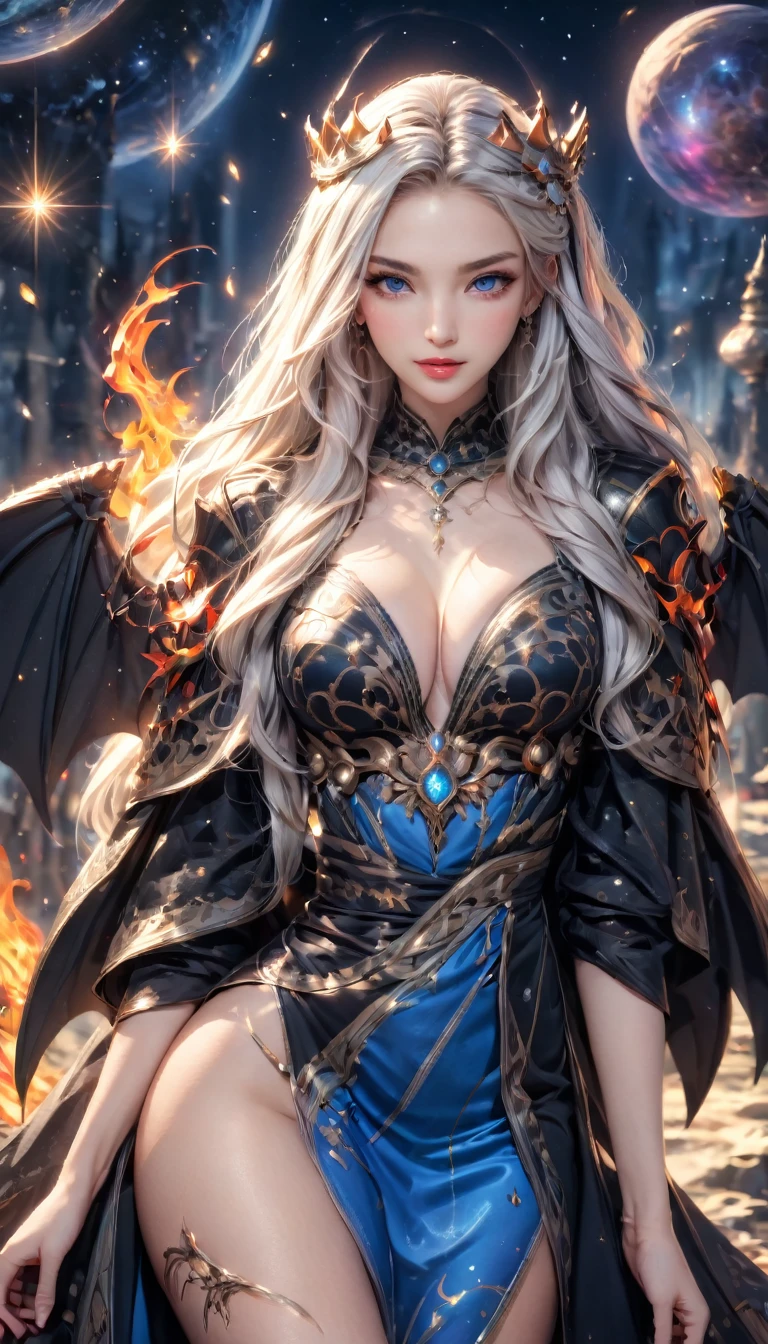 8K resolution, masterpiece, Highest quality, Award-winning works, unrealistic, From above, erotic, sole sexy lady, healthy shaped body, 22 years old, black mage, 165cm tall, huge firm bouncing busts,, white silver long wavy hair, Detailed facial depictions, Mysterious blue eyes, Standard nose, Eyeliner, pink lips, sexy long legs, big breast, Clear skin, chrouching, holy knight, Gothic ruffle long dress, A dress with a complex structure, Seven-colored colorful dress, Clothed in flames, royal coat of arms, elegant, Very detailed, Delicate depiction of hair, miniature painting, Digital Painting, artstation concept art, Smooth, Sharp focus, shape, Unreal, surreal, Dynamic Lighting, Fantasy art, Complex colors, Colorful magic circle, flash, dynamic sexy poses, A kind smile, Mysterious Background, Aura, A gentle gaze,  Small faint lights and flying fireflies, night, lanthanum, From above, looking down on the world below, Starry Sky, milky way, nebula, shooting star