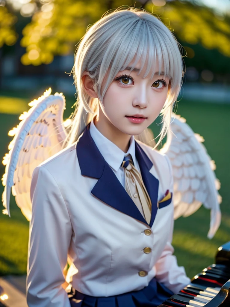 (Highest quality、4K、8K, masterpiece:1.3), Ultra detailed face, Detailed lips, Detailed eyes, double eyelid, BREAK, 
(extreme close up:1.5), 
BREAK,
1girl, 18 years old, short height, tachibana kanade, (yellow eyes), (white hair, long hair), bangs, hair pulled back, short height, 
BREAK, 
looking at viewer, ((playing piano)), photo background, photo inset, dusk, outdoors, spring, wind, falling petals, sunlight, skyline, 
BREAK,
schooluniform, jacket, blazer, long sleeves, neck ribbon, gem, necklace, pleated skirt, kneehighs, loafers, (((Big angel wings on your back)),
