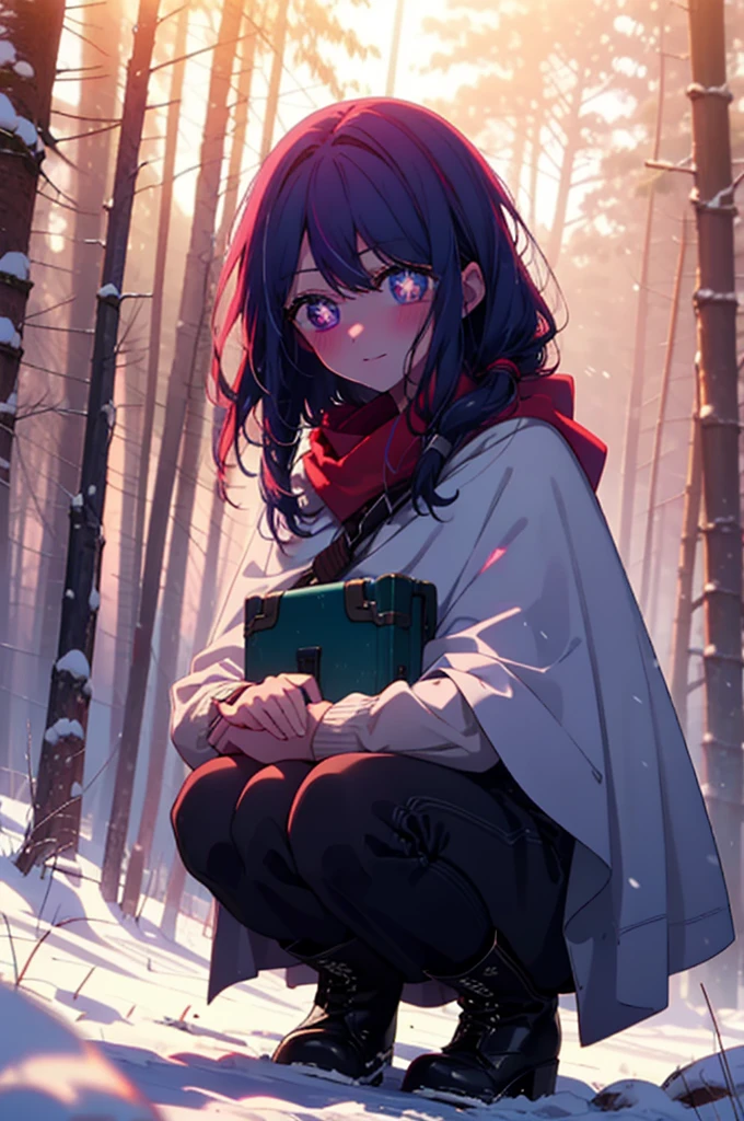 aihoshino, Ai Hoshino, Long Hair, bangs, (Purple eyes:1.1), Purple Hair, (Symbol-shaped pupil:1.5), smile,,smile,blush,White Breath,
Open your mouth,snow,Ground bonfire, Outdoor, boots, snowing, From the side, wood, suitcase, Cape, Blurred, , forest, White handbag, nature,  Squat, Mouth closed, Cape, winter, Written boundary depth, Black shoes, red Cape break looking at viewer, Upper Body, whole body, break Outdoor, forest, nature, break (masterpiece:1.2), Highest quality, High resolution, unity 8k wallpaper, (shape:0.8), (Beautiful and beautiful eyes:1.6), Highly detailed face, Perfect lighting, Extremely detailed CG, (Perfect hands, Perfect Anatomy),