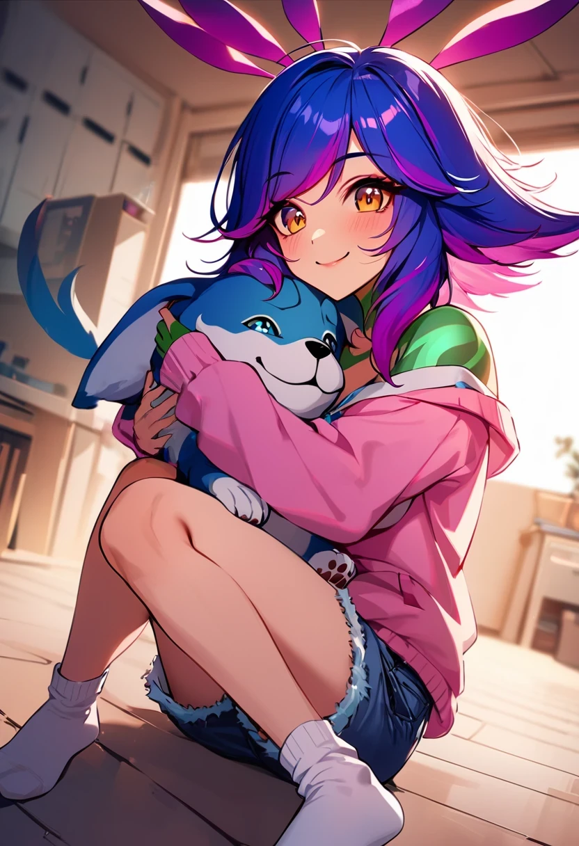 masterpiece, high quality, neeko, sitting on the floor, smiling, hugging a puppy, wearing pink sweatshirt, jean shorts, long white socks