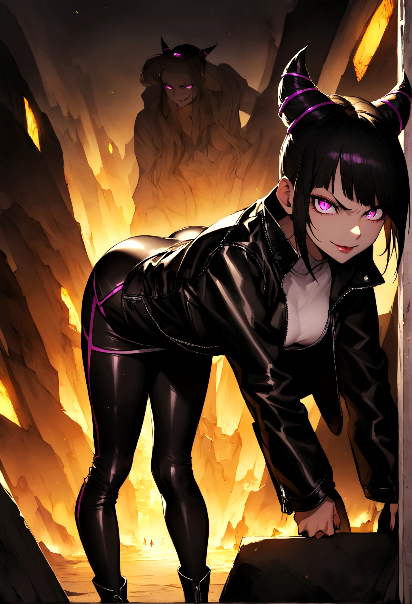 juri han,looking back,beautiful young warrior , with a very detailed and beautiful face, beautifuleyes, beautifuleyes, gorgeous face, glowing purple eyes,beautiful young woman wearing long black leggings with black details, usando leather jacket preta, Standing in an office, wearing black boots, horn hair, with black fringe, , evil smile ,white sweater with strap around, serious look,usando leather jacket preto, leather jacket,standing backwards,yellow lighting, evil smile,leggings,looking at tran
