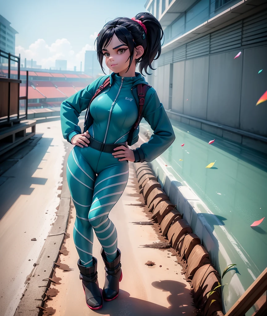 [Wreck_It_Ralph_Movie], ((masterpiece)), ((high quality)), ((HD)), ((solo portrait)), ((front view)), ((full body)), ((boots visible)), ((beautiful background)), {vanellope von schweetz, black hair, red scrunchy, short ponytail, (candy in hair:1.2), (cute half-closed brown eyes), smug smirk, white teeth}, {(aqua track jacket), (tight aqua pants teal lines), (racesuit), aqua riding boots}, {(standing on raceway), (hands on hip), (looking at viewer), (pigeon-toed)}, [Background: (raceway), (grand prix), (confetti), (blue sky), (bright sun), (sun rays)]