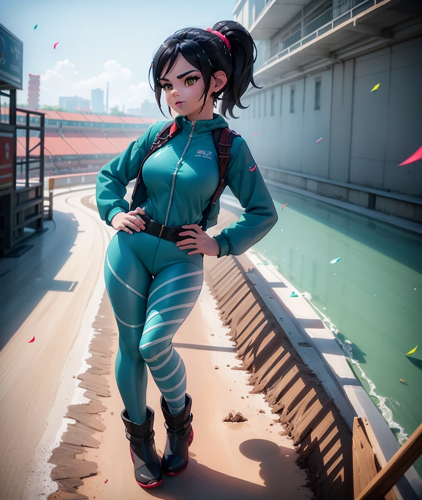 [Wreck_It_Ralph_Movie], ((masterpiece)), ((high quality)), ((HD)), ((solo portrait)), ((front view)), ((full body)), ((boots visible)), ((beautiful background)), {vanellope von schweetz, black hair, red scrunchy, short ponytail, (candy in hair:1.2), (cute half-closed brown eyes), smug smirk, white teeth}, {(aqua track jacket), (tight aqua pants teal lines), (racesuit), aqua riding boots}, {(standing on raceway), (hands on hip), (looking at viewer), (pigeon-toed)}, [Background: (raceway), (grand prix), (confetti), (blue sky), (bright sun), (sun rays)]