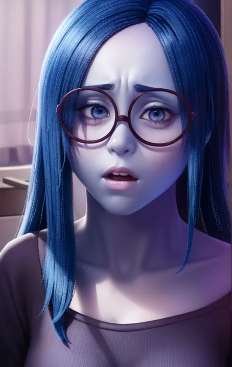 better quality work (fear, high purple, dark blue straight hair,dark clothes, round purple glasses frame,fear e tedio) pixar ani...