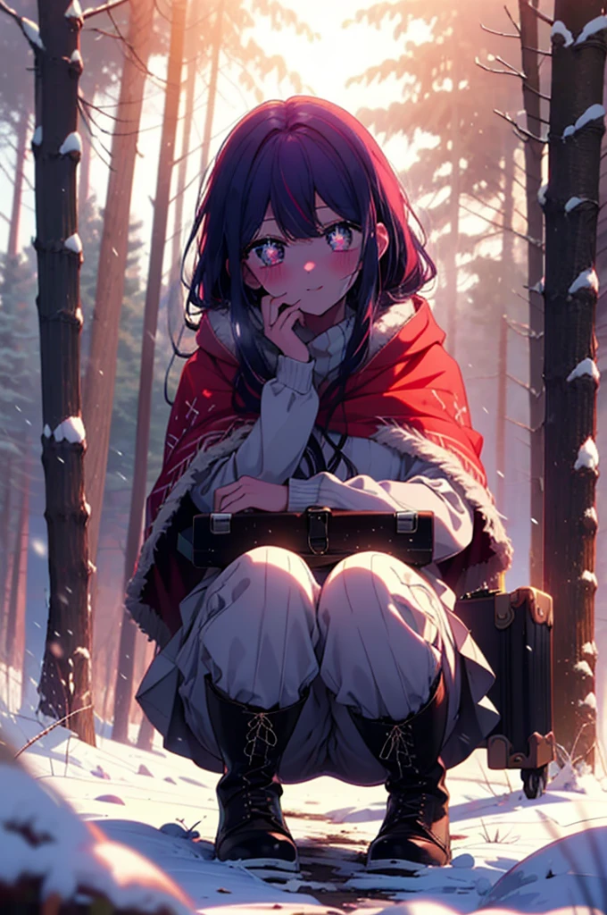 aihoshino, Ai Hoshino, Long Hair, bangs, (Purple eyes:1.1), Purple Hair, (Symbol-shaped pupil:1.5), smile,,smile,blush,White Breath,
Open your mouth,snow,Ground bonfire, Outdoor, boots, snowing, From the side, wood, suitcase, Cape, Blurred, , forest, White handbag, nature,  Squat, Mouth closed, Cape, winter, Written boundary depth, Black shoes, red Cape break looking at viewer, Upper Body, whole body, break Outdoor, forest, nature, break (masterpiece:1.2), Highest quality, High resolution, unity 8k wallpaper, (shape:0.8), (Beautiful and beautiful eyes:1.6), Highly detailed face, Perfect lighting, Extremely detailed CG, (Perfect hands, Perfect Anatomy),