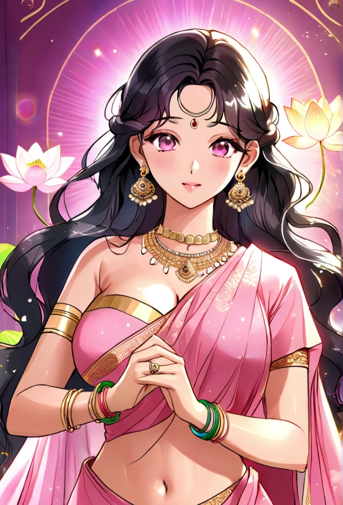 (absurderes, A high resolution, Ultra detailed, hdr), Masterpiece, Best quality, Portrait of an Indian 
Goddess Lakshmi, extreme realistic very beautiful, animated style, closeup shot, anime in a(((pink))) indian dress (((saree))), long black wavy hair untied, head jewellery, necklace, earings, armlets, bangles and bracelets, rings, pleasant expression, bright big black eyes, holding a lotus flower, natural beauty, vibrant colors, dreamy, northern light, pink bubble, romantic, soft lighting, vintage aesthetic,big breasts, cleavage 