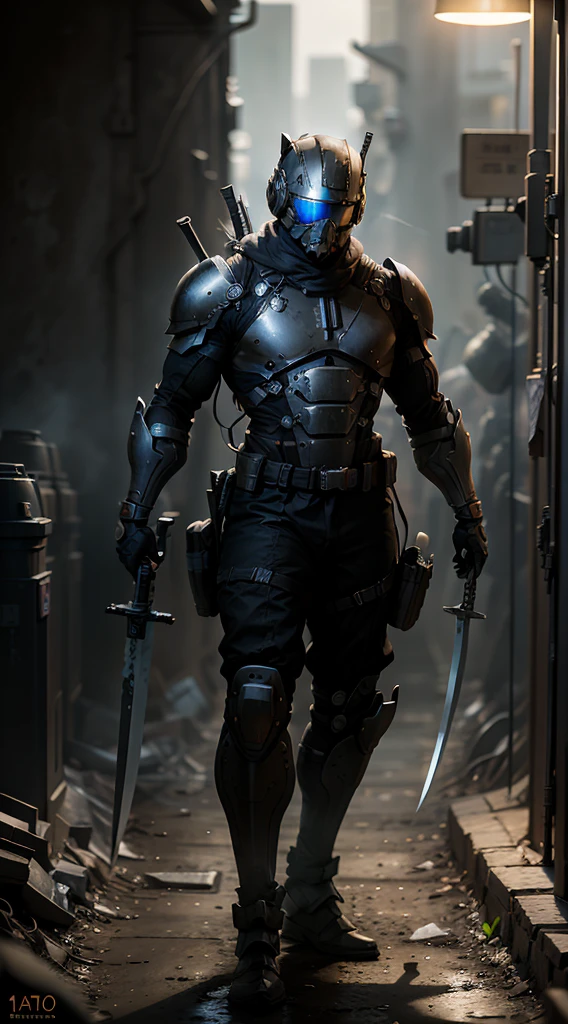 (Masterpiece), (cinematic), (DSLR 1:1), a sleek sci fi soldier with futuristic armor, holding two small swords with glowing edges 