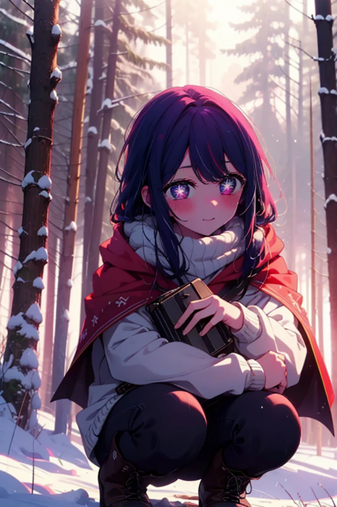 aihoshino, Ai Hoshino, Long Hair, bangs, (Purple eyes:1.1), Purple Hair, (Symbol-shaped pupil:1.5), smile,,smile,blush,White Breath,
Open your mouth,snow,Ground bonfire, Outdoor, boots, snowing, From the side, wood, suitcase, Cape, Blurred, , forest, White handbag, nature,  Squat, Mouth closed, Cape, winter, Written boundary depth, Black shoes, red Cape break looking at viewer, Upper Body, whole body, break Outdoor, forest, nature, break (masterpiece:1.2), Highest quality, High resolution, unity 8k wallpaper, (shape:0.8), (Beautiful and beautiful eyes:1.6), Highly detailed face, Perfect lighting, Extremely detailed CG, (Perfect hands, Perfect Anatomy),