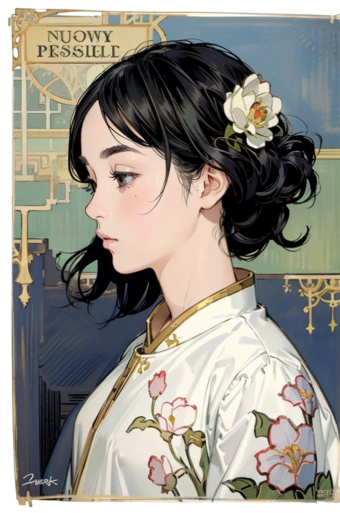 Detailed Background,Mucha style、Art Nouveau、Tarot Cards、Botanical Art,Flower Art,(Floral:1.2), (masterpiece, Highest quality),Vibrant colors,colorful, Highest quality, Amazing details, Anatomically correct, Line art, Written boundary depth,Flat Shading,Bokeh, girl, 12 years old,, profile、She has black hair。she has a wide forehead。She has no bangs。(Short Bob）。Pregnant women、Brow wrinkles。nsfw