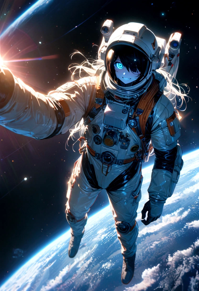 astronaut, intricate detail, Highly Detailed beautiful and aesthetic, amazing quality, (masterpiece), (high quality), wallpaper 8K CG, high resolution, extremely detailed, photorealistic, wide-angle, Top view, depthoffield, beautiful detailed fullbody, single human girl, extremely beautiful detailed anime face and eyes, grin, Beautiful detailed gemological eyes, beautiful detailed face in aerospace helmet, aerospace suit, cosmonaut, (Far Far Away Earth), Floating in space, countless stars, innumerable stars, grand space, delicate background, luminous particles, complex details,