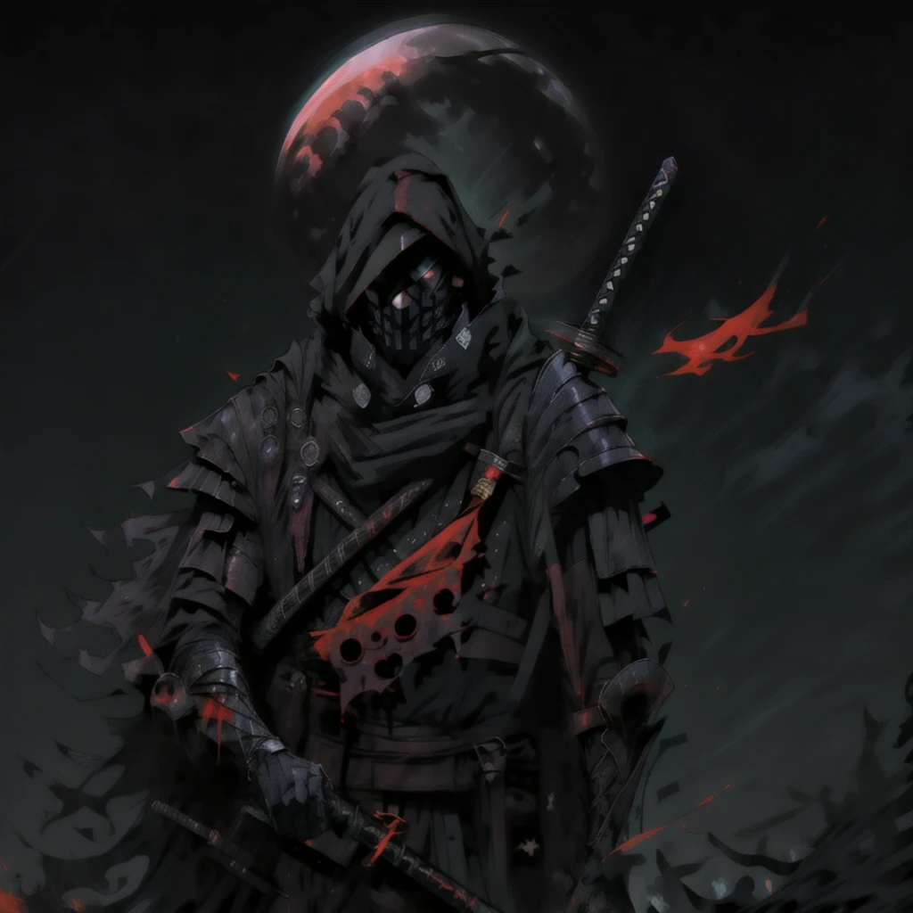 Full-length warrior of darkness in black fabric armor, dressed in shade. У темного тумана красные eyes и что-то, red mist flows upward from the eyes, masked face with stylized katana, angry look, bloodstained cape, right shoulder on black fire fabric mask, revealing anger. eyes, with huge red and black
, blood moon