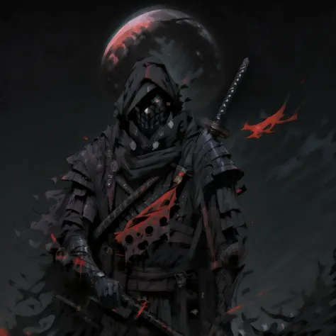 Full-length warrior of darkness in black fabric armor, dressed in shade. У темного тумана красные eyes и что-то, red mist flows ...