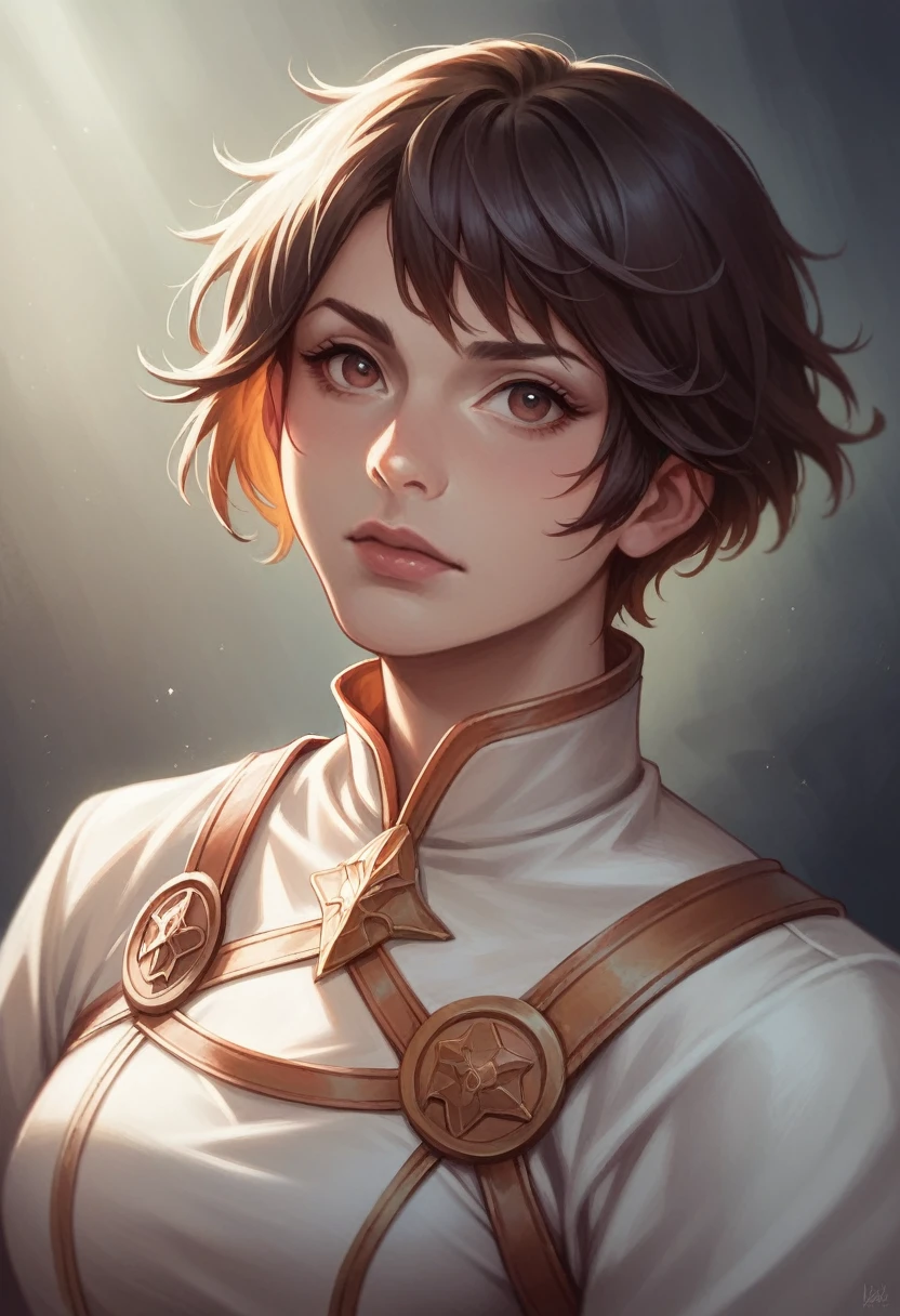 A heroic looking girl with short hair, wearing a white hero costume, detailed facial features, dramatic lighting, photo-realistic, cinematic composition, epic fantasy, fantasy art