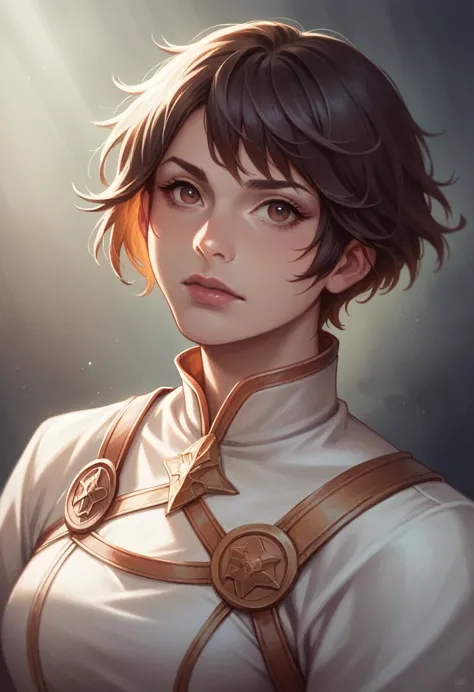 a heroic looking girl with short hair, wearing a white hero costume, detailed facial features, dramatic lighting, photo-realisti...