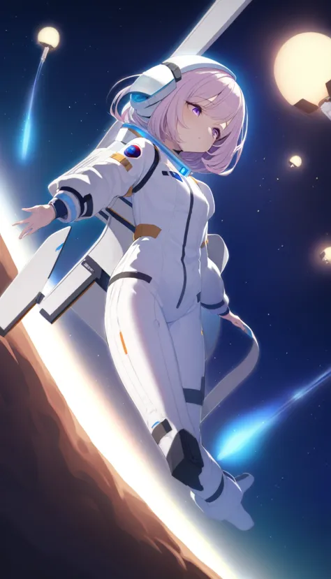 Pre-Girl, Floating in space, Wearing a space suit, Science, Huge space city, The lighting is gorgeous, The helmet has a light, B...