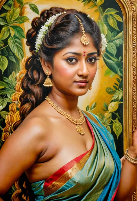 looks like nayanthara, exotic indian art, inspired by oviyar maruthi style painting, inspired by mohanan manimala, full figured ...