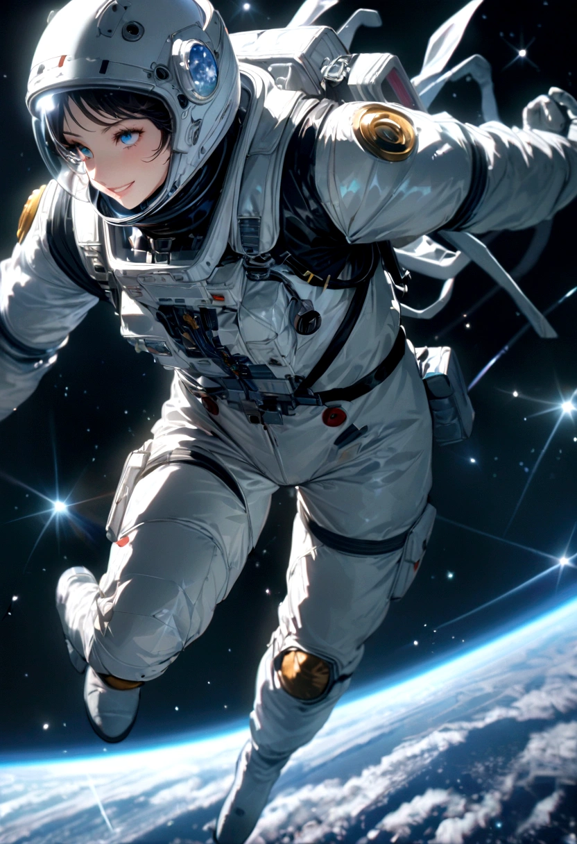 astronauta, detalhes intrincados, Altamente detalhado, bonito e estético, qualidade incrível, (obra de arte), (alta qualidade), papel de parede 8k CG, Alta resolução, extremamente detalhado, fotorrealista, Ângulo amplo, profundidade de campo, lindo corpo inteiro detalhado, menina humana solteira, rosto e olhos detalhados extremamente bonitos, sorriso, Lindos olhos gemológicos detalhados, lindo rosto detalhado em capacete aeroespacial, traje aeroespacial prateado, cosmonauta, (A Terra parece pequena), Flutuando no espaço, inúmeras estrelas, inúmeras estrelas, Grande Espaço, Fundo delicado, Partículas Luminosas, Detalhes complexos,