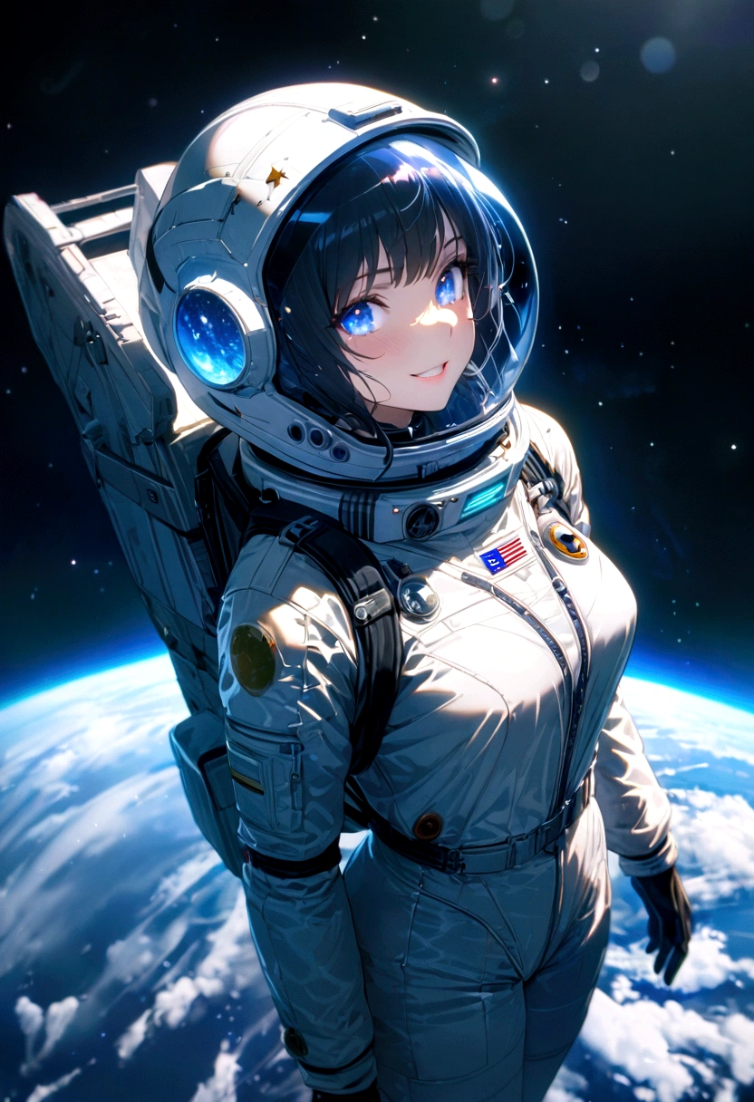 Astronaut, komplizierte Details, Sehr detailliert, schön und ästhetisch, tolle Qualität, (Meisterwerk), (gute Qualität), Hintergrundbild 8k CG, Hohe Auflösung, Extrem detailliert, fotorealistisch, Weiter Winkel, Tiefenschärfe, wunderschön detaillierter Ganzkörper, einzelnes menschliches Mädchen, extrem schönes, detailliertes Gesicht und Augen, Grinsen, Wunderschöne, detaillierte gemologische Augen, schönes detailliertes Gesicht im Luft- und Raumfahrthelm, silberner Raumfahrtanzug, Kosmonaut, (Die Erde sieht klein aus), im Raum schweben, Unzählige Sterne, unzählige Sterne, Großer Raum, zarter Hintergrund, leuchtende Partikel, komplexe Details,