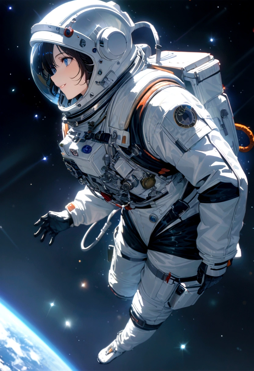 Astronaut, komplizierte Details, Sehr detailliert, schön und ästhetisch, tolle Qualität, (Meisterwerk), (gute Qualität), Hintergrundbild 8k CG, Hohe Auflösung, Extrem detailliert, fotorealistisch, Weiter Winkel, Tiefenschärfe, wunderschön detaillierter Ganzkörper, einzelnes menschliches Mädchen, extrem schönes, detailliertes Gesicht und Augen, Grinsen, Wunderschöne, detaillierte gemologische Augen, schönes detailliertes Gesicht im Luft- und Raumfahrthelm, silberner Raumfahrtanzug, Kosmonaut, (Die Erde sieht klein aus), im Raum schweben, Unzählige Sterne, unzählige Sterne, Großer Raum, zarter Hintergrund, leuchtende Partikel, komplexe Details,