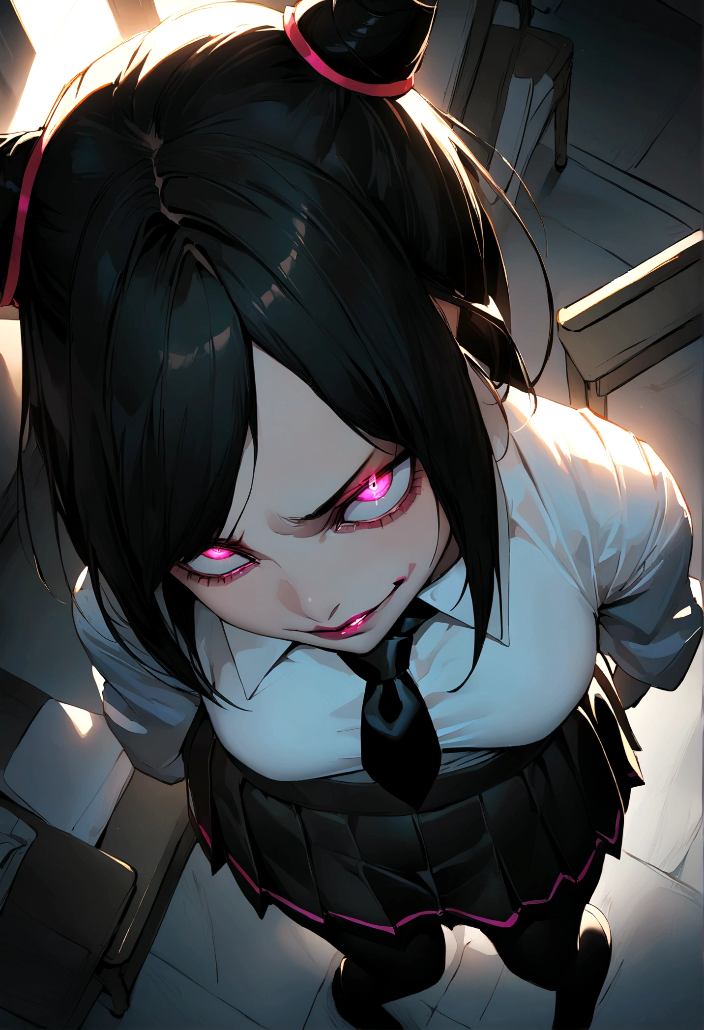 Juri Han, artwork, tight white secretary shirt with black tie, skirt short preta, skirt short,sock, Bblack hair, blackstockings,evil smile,DESK,bangs on the eyes,lighting,horn of hair,from above view,staring overhead
