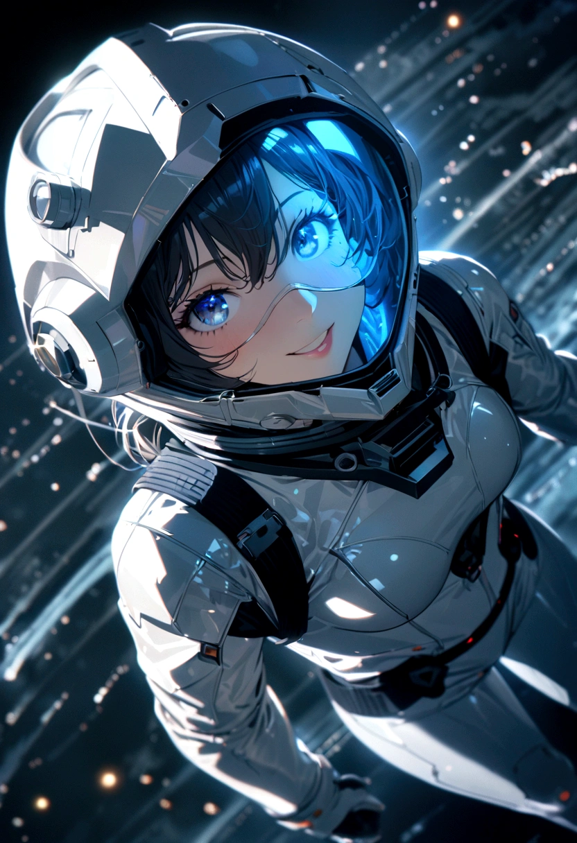 Earth as seen from a spaceship, astronaut, intricate detail, Highly Detailed beautiful and aesthetic, amazing quality, (masterpiece), (high quality), wallpaper 8K CG, high resolution, extremely detailed, photorealistic, wide-angle, depthoffield, beautiful detailed fullbody, single human girl, extremely beautiful detailed face and eyes, grin, Beautiful detailed gemological eyes, beautiful detailed face in aerospace helmet, silver aerospace suit, cosmonaut, The earth looks small, countless stars, innumerable stars, grand space, delicate background, luminous particles, complex details,