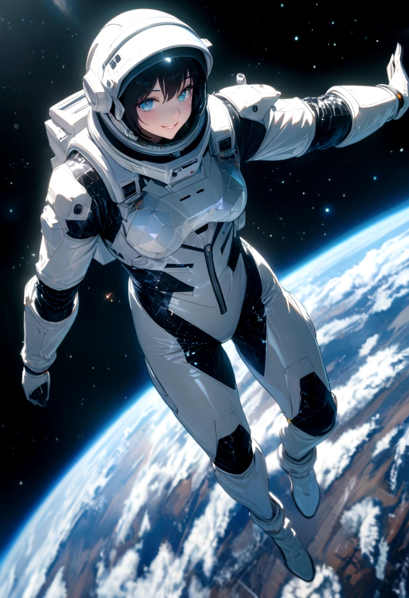 Earth as seen from a spaceship, astronaut, intricate detail, Highly Detailed beautiful and aesthetic, amazing quality, (masterpiece), (high quality), wallpaper 8K CG, high resolution, extremely detailed, photorealistic, wide-angle, depthoffield, beautiful detailed fullbody, single human girl, extremely beautiful detailed face and eyes, grin, Beautiful detailed gemological eyes, beautiful detailed face in aerospace helmet, silver aerospace suit, cosmonaut, The earth looks small, countless stars, innumerable stars, grand space, delicate background, luminous particles, complex details,