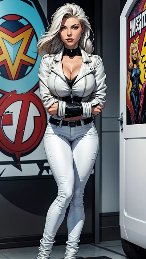  21 years old woman with gray eyes, white long hair. skinny jeans and white biker jacket. busty. big legs, comic style. Marvel c...
