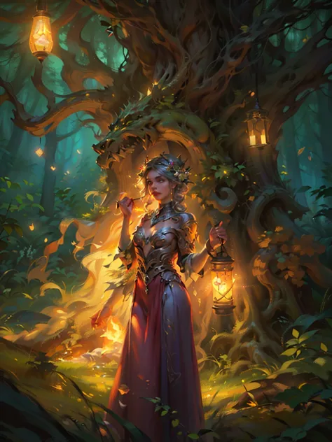 A girl in a forest with a lantern, beautiful detailed eyes, beautiful detailed lips, extremely detailed eyes and face, long eyel...