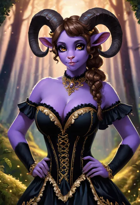 Satyr, female, purple skin, black fur, brown hair, black eyes, straight horns, vantablack dress. perky breasts, cleavage, Ultra ...